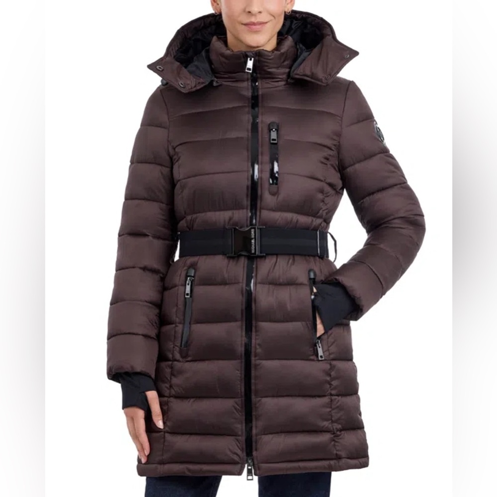 Michael Kors Belted Hooded Puffer Coat in Chocolate